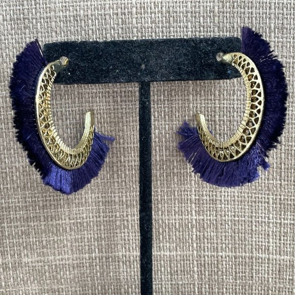 AREA Jewelry Earrings Gold Tone hoops Post Purple Fringe Fabric - Picture 11 of 12